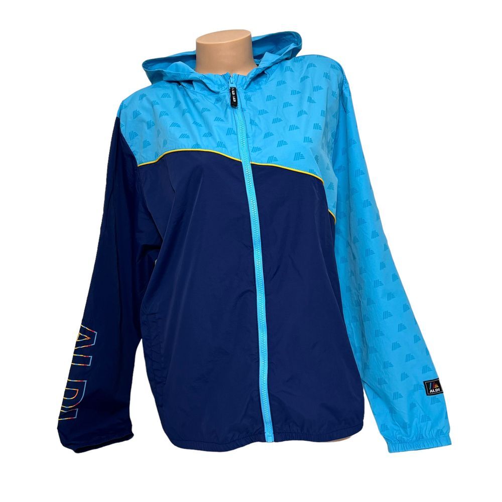 Aldi Gear 2024 Unisex Size LARGE Windbreaker Full Zip Hooded Jacket Pockets Blue